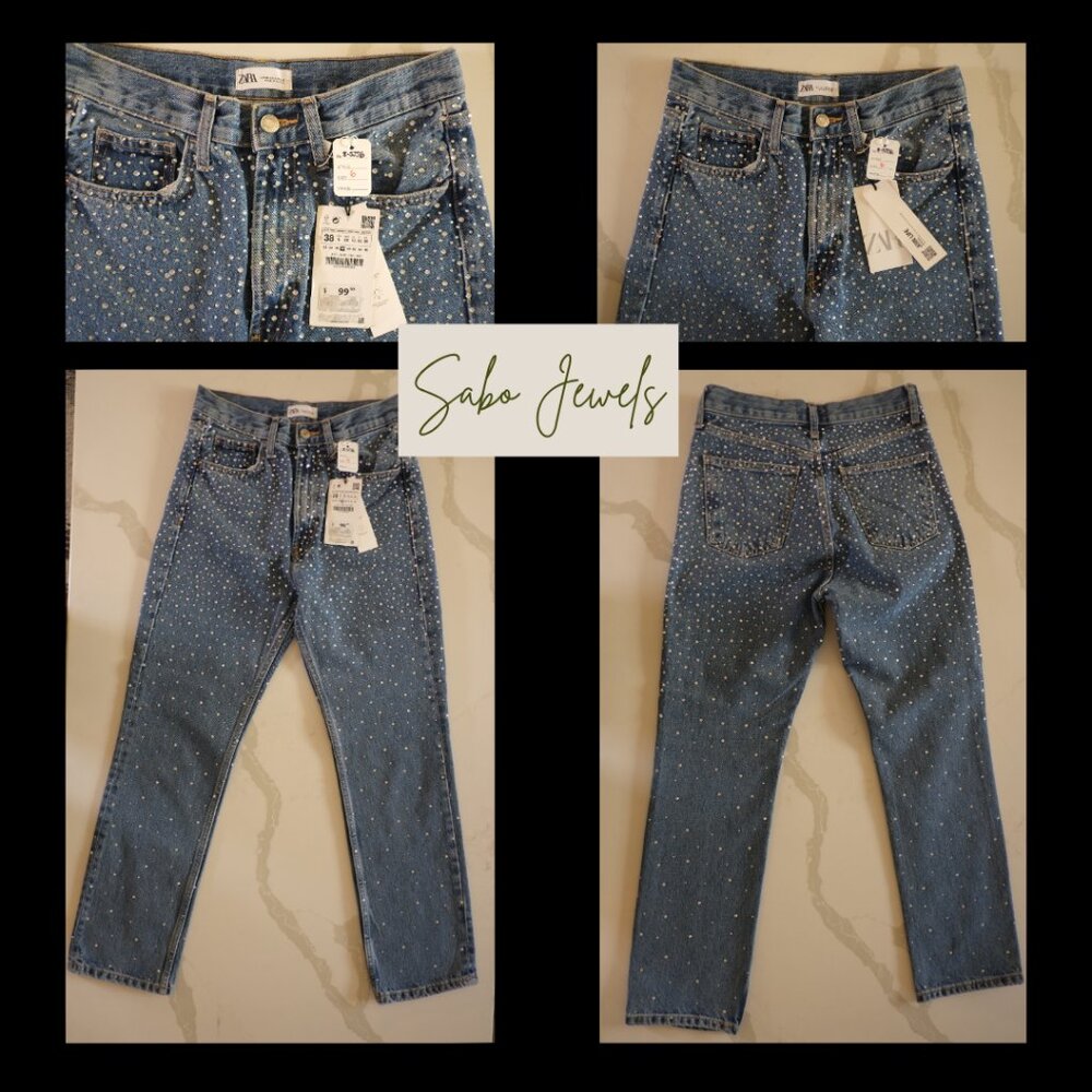 Zara Rhinestone Studded Light Wash Jeans – Size 6 (BNWT)